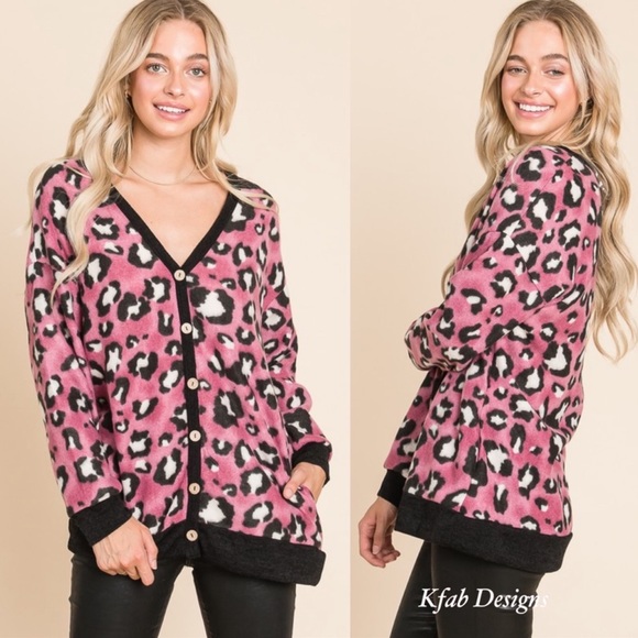 B26B🌸NEW!🌸So soft button up fuchsia pink+ black/brown animal print cardi! - Picture 1 of 9